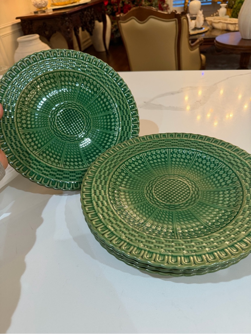 Set (4) Green Decorative Majolica Ceramic Dinner Plates